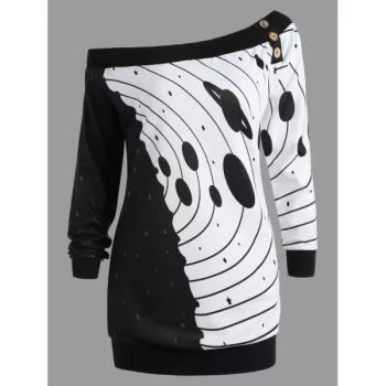 Button Star River Graphic Skew Neck Sweatshirt - Black