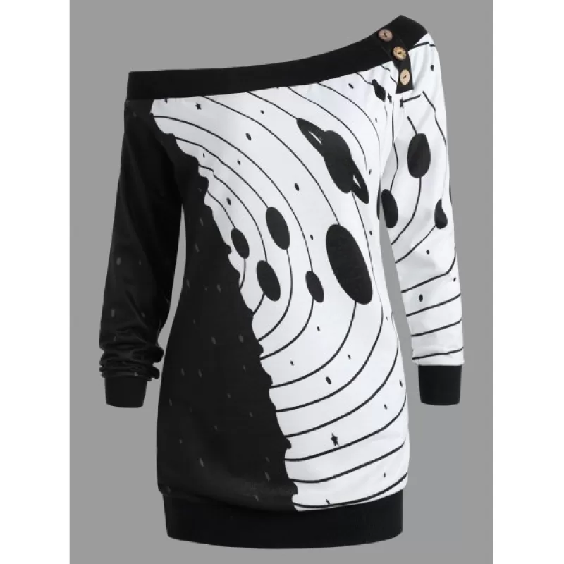 Button Star River Graphic Skew Neck Sweatshirt - Black