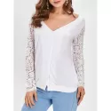 Button Up Lace Panel Long leeve Top - White