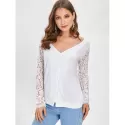 Button Up Lace Panel Long leeve Top - White