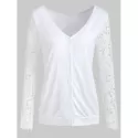 Button Up Lace Panel Long leeve Top - White