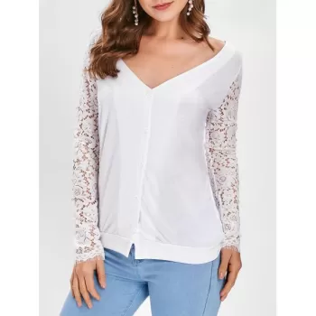 Button Up Lace Panel Long leeve Top - White