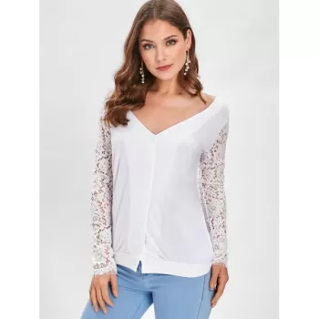 Button Up Lace Panel Long leeve Top - White