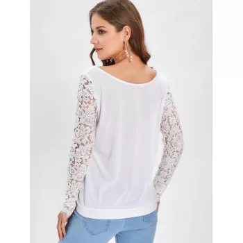 Button Up Lace Panel Long leeve Top - White