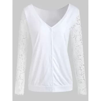 Button Up Lace Panel Long leeve Top - White