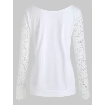 Button Up Lace Panel Long leeve Top - White