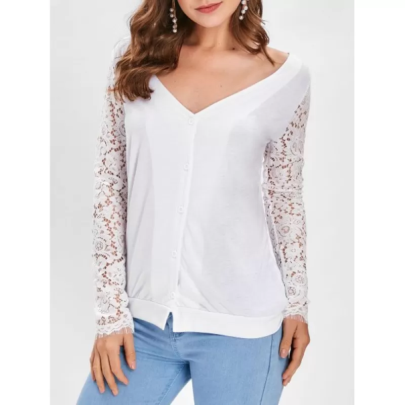 Button Up Lace Panel Long leeve Top - White