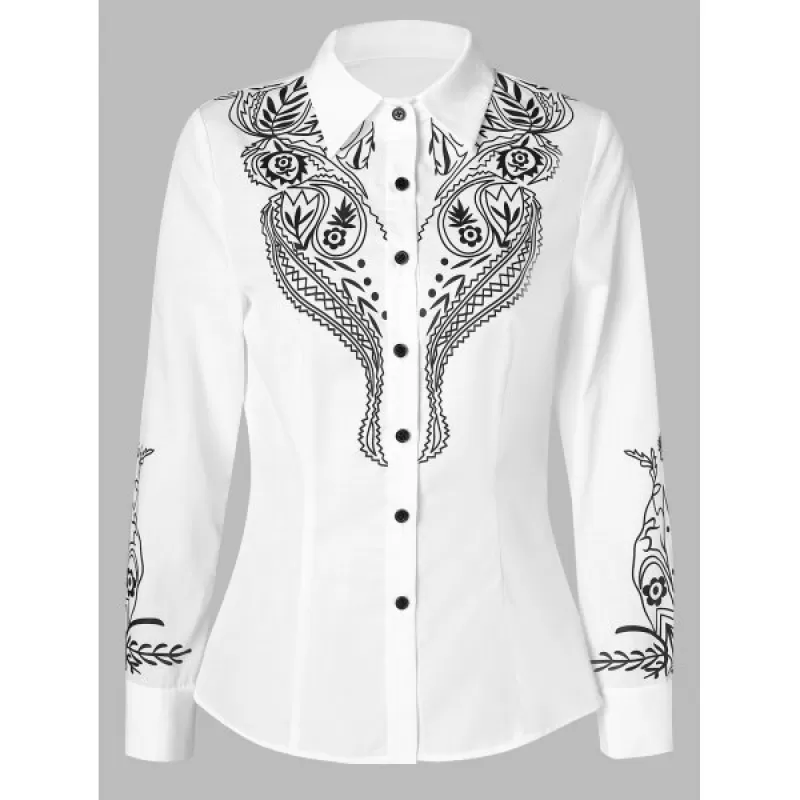 Button Up Tribal Print Shirt - White