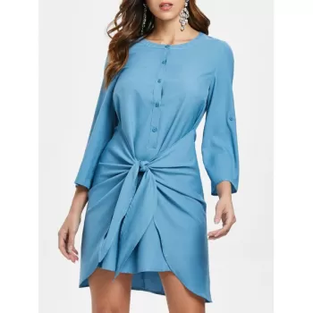 Buttons Knotted Mini Dress - Blue Ivy