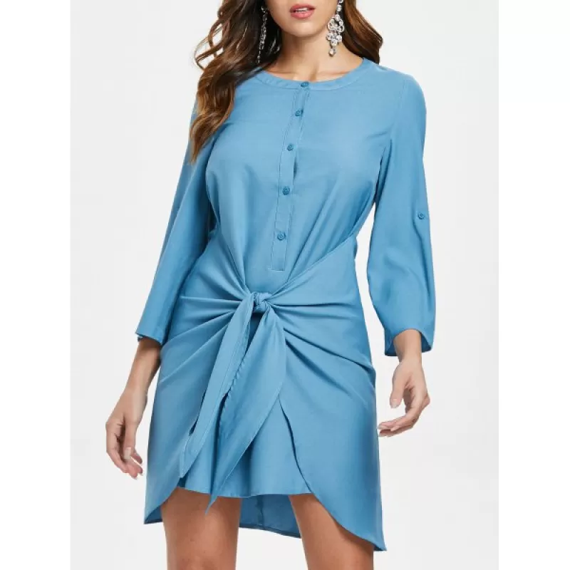 Buttons Knotted Mini Dress - Blue Ivy