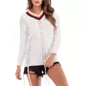 Cable Knit Striped Openwork Sweater - White