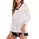 Cable Knit Striped Openwork Sweater - White