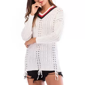 Cable Knit Striped Openwork Sweater - White