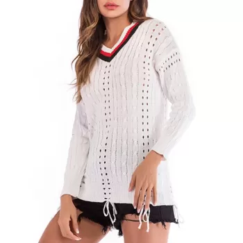 Cable Knit Striped Openwork Sweater - White