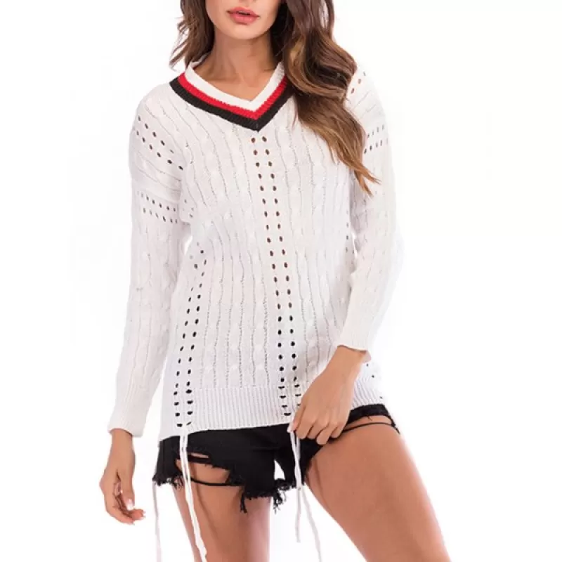 Cable Knit Striped Openwork Sweater - White