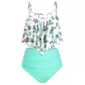 Cactus Print Cutout Flounce High Waisted Tankini wimsuit -