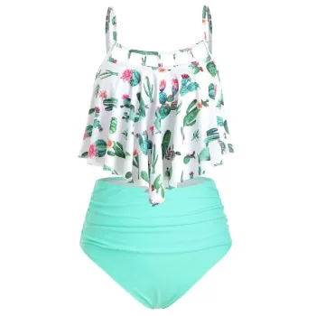 Cactus Print Cutout Flounce High Waisted Tankini wimsuit -