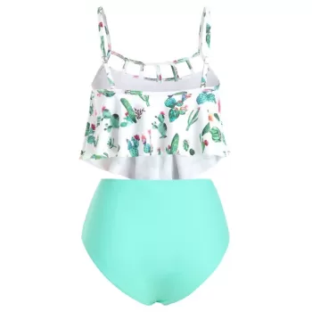 Cactus Print Cutout Flounce High Waisted Tankini wimsuit -