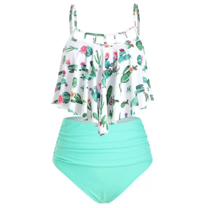 Cactus Print Cutout Flounce High Waisted Tankini wimsuit -