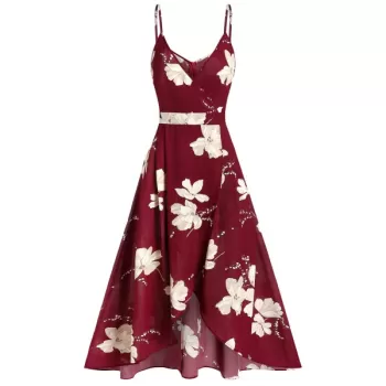 Cami Ditsy Print Zipper High Waist Dress - Red Wine