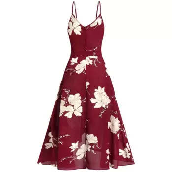 Cami Ditsy Print Zipper High Waist Dress - Red Wine