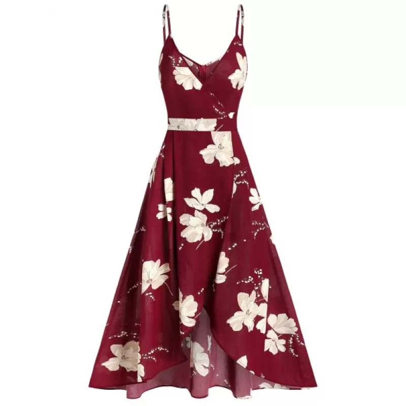 Cami Ditsy Print Zipper High Waist Dress - Red Wine