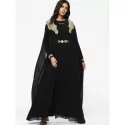 Cape Embroidered ong Sleeve Maxi Dress - Black