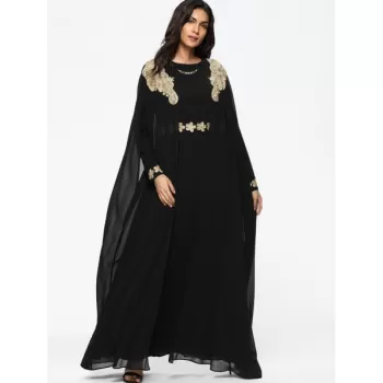Cape Embroidered ong Sleeve Maxi Dress - Black