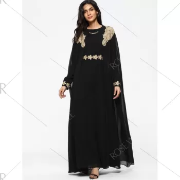 Cape Embroidered ong Sleeve Maxi Dress - Black