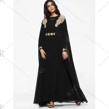 Cape Embroidered ong Sleeve Maxi Dress - Black