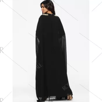 Cape Embroidered ong Sleeve Maxi Dress - Black