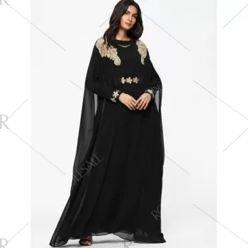 Cape Embroidered ong Sleeve Maxi Dress - Black