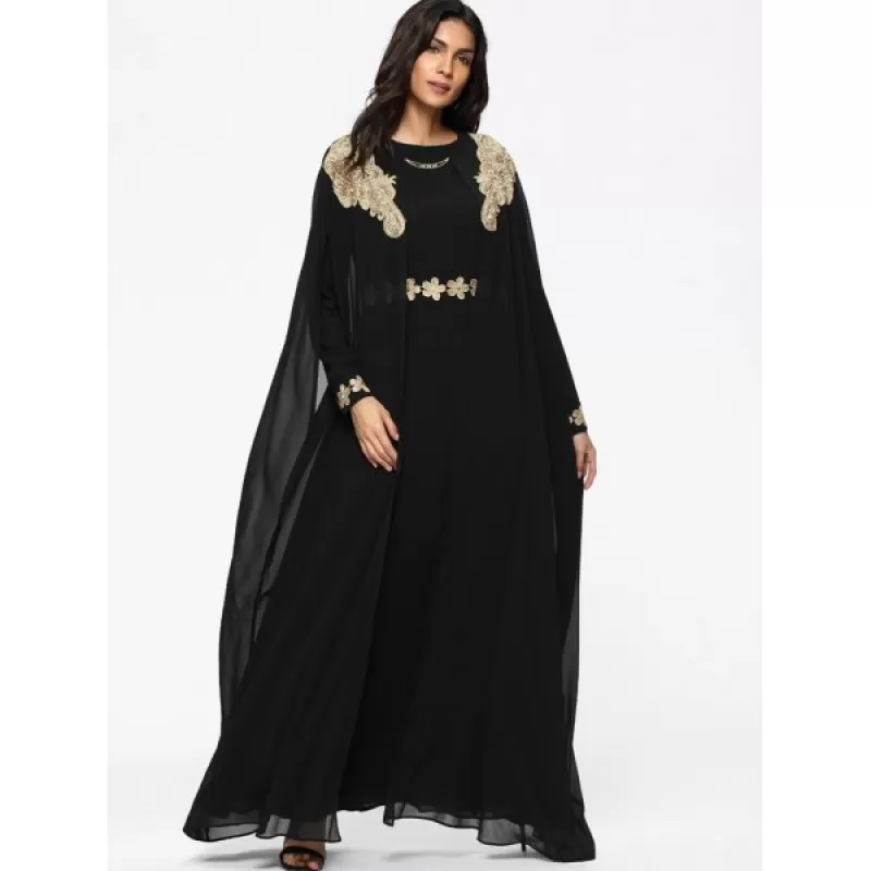 Cape Embroidered ong Sleeve Maxi Dress - Black