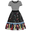 Cartoon Figure Print triped Panel A Line Dress - Black
