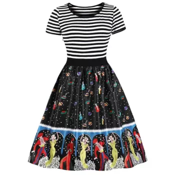 Cartoon Figure Print triped Panel A Line Dress - Black