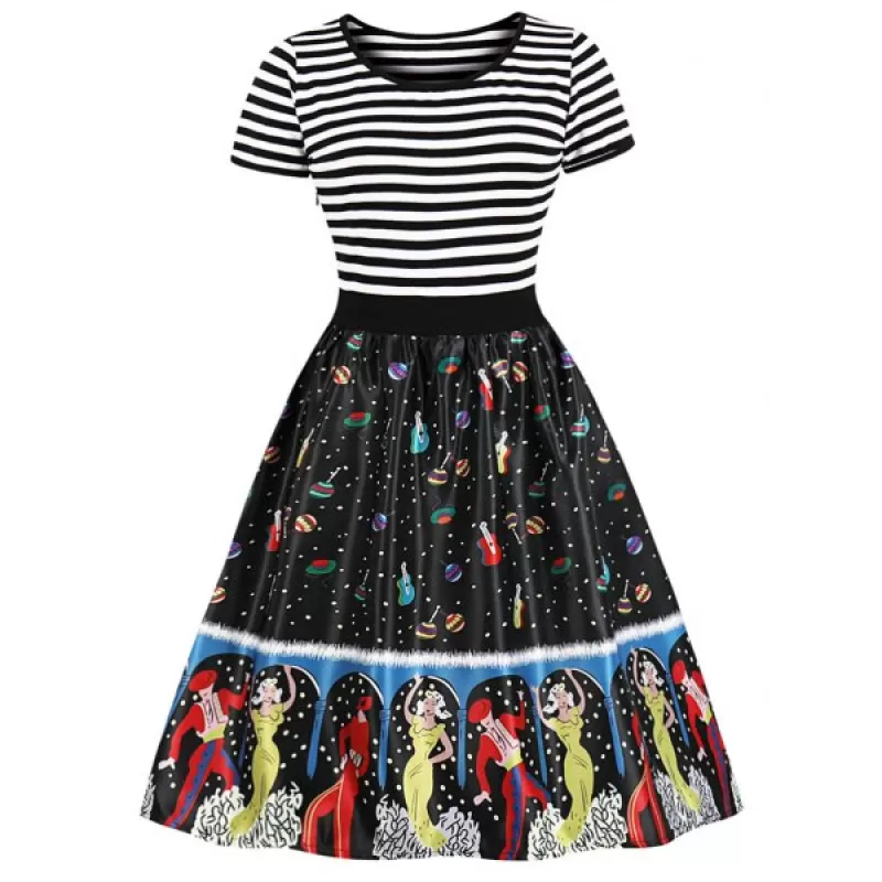 Cartoon Figure Print triped Panel A Line Dress - Black