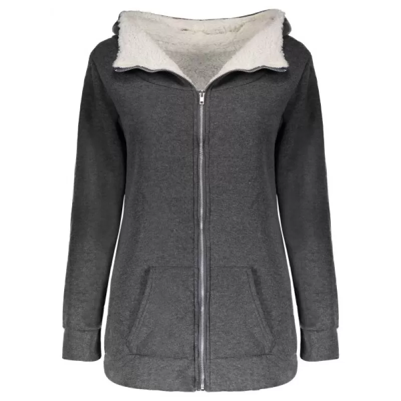 Casual Hooded Long Sleeve Fleece Pocket Design Zippered Women's Coat - Gray One Size(fit Size Xs To