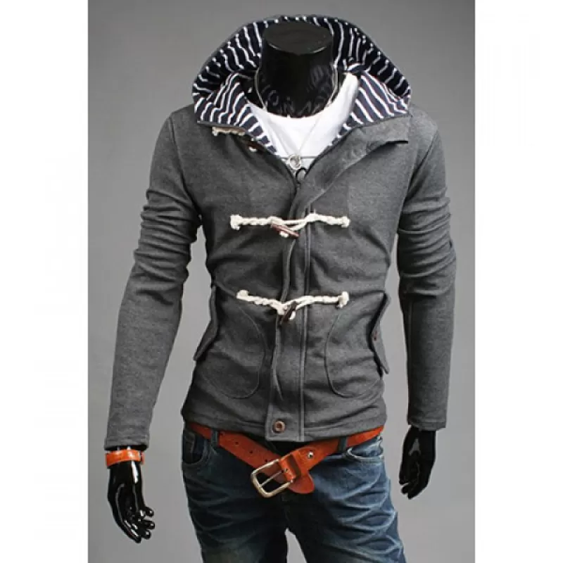 Casual Hooded Stripe Splicing Horn Button Embellished Long Sleeves Cotton Blend Coat For en - Gray