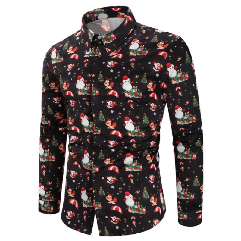 Casual Snowmen Elk Print Christmas Shirt - Black