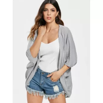 Casual olid Color 3/4 leeve Loose Collarless Cardigan For Women - Gray