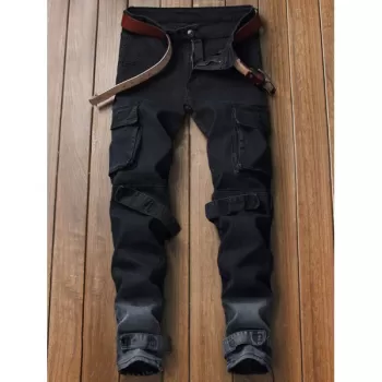 Casual Stripe Multi Pockets Ombre Cargo Pants - Black