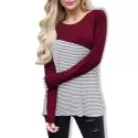 Casual Striped Panel Long Sleeve T-shirt - Red Wine