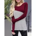 Casual Striped Panel Long Sleeve T-shirt - Red Wine