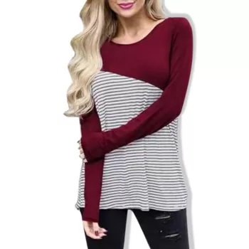 Casual Striped Panel Long Sleeve T-shirt - Red Wine