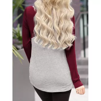Casual Striped Panel Long Sleeve T-shirt - Red Wine