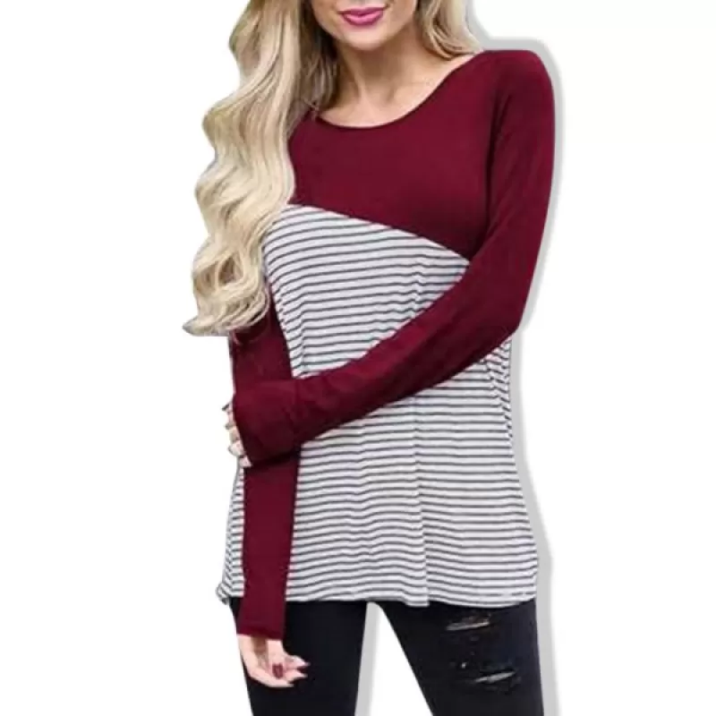 Casual Striped Panel Long Sleeve T-shirt - Red Wine
