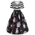 Cat Print A Line Vintage Dress -
