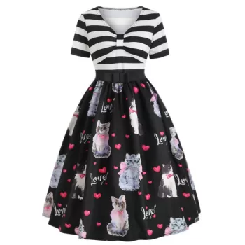 Cat Print A Line Vintage Dress -