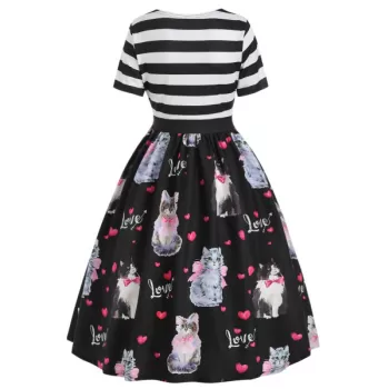 Cat Print A Line Vintage Dress -