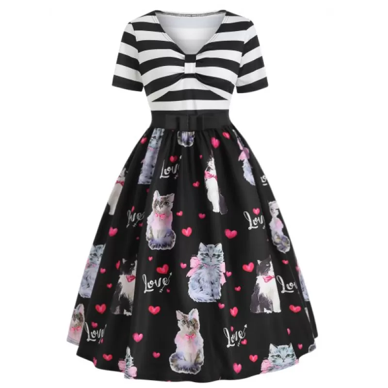 Cat Print A Line Vintage Dress -